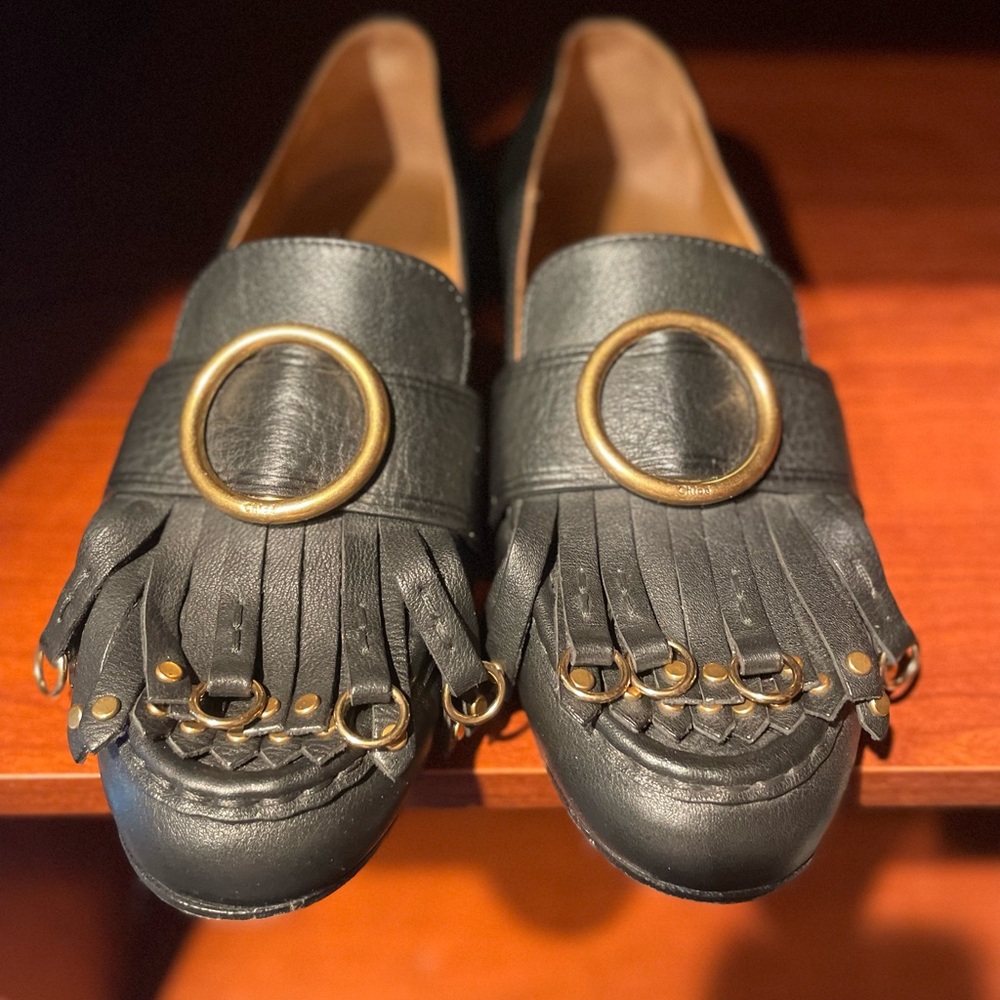 Chloe Black Loafers with Gold Ring Accent - Size 37